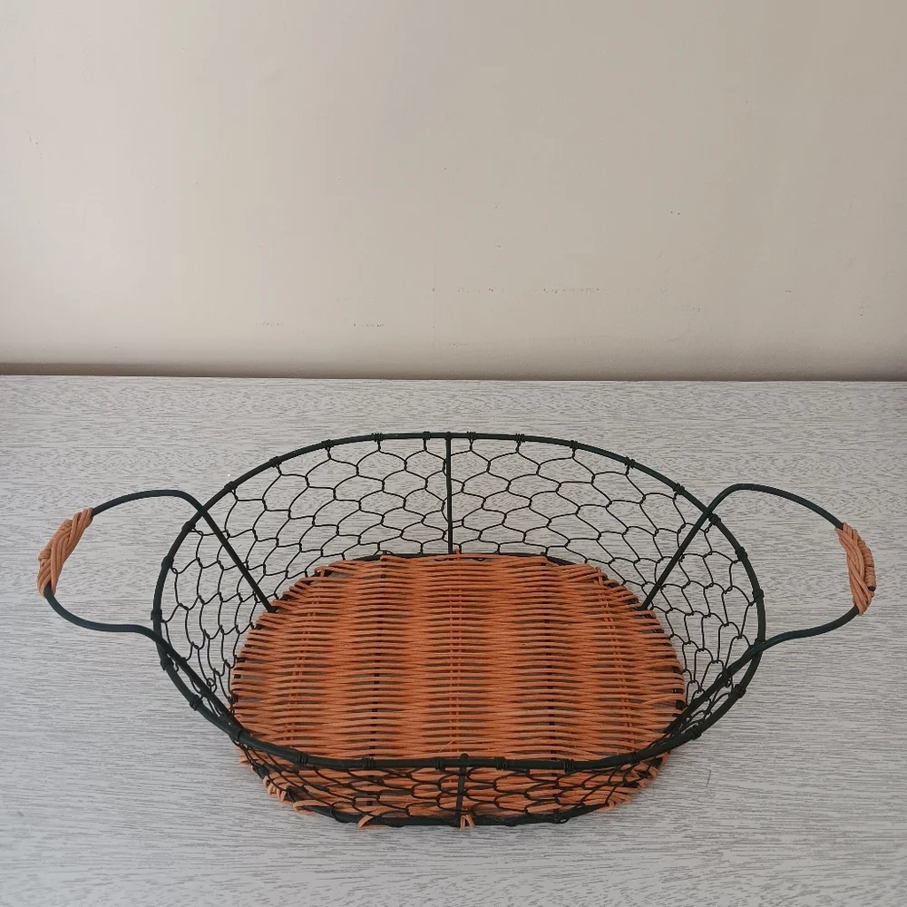 Oval Woven Wicker & Metal Wire Mesh Basket with Side Handles